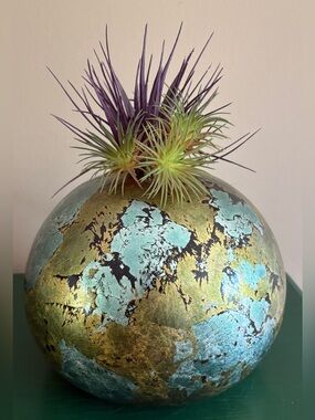 Gold and Teal Metallic Leaf Sphere Vase